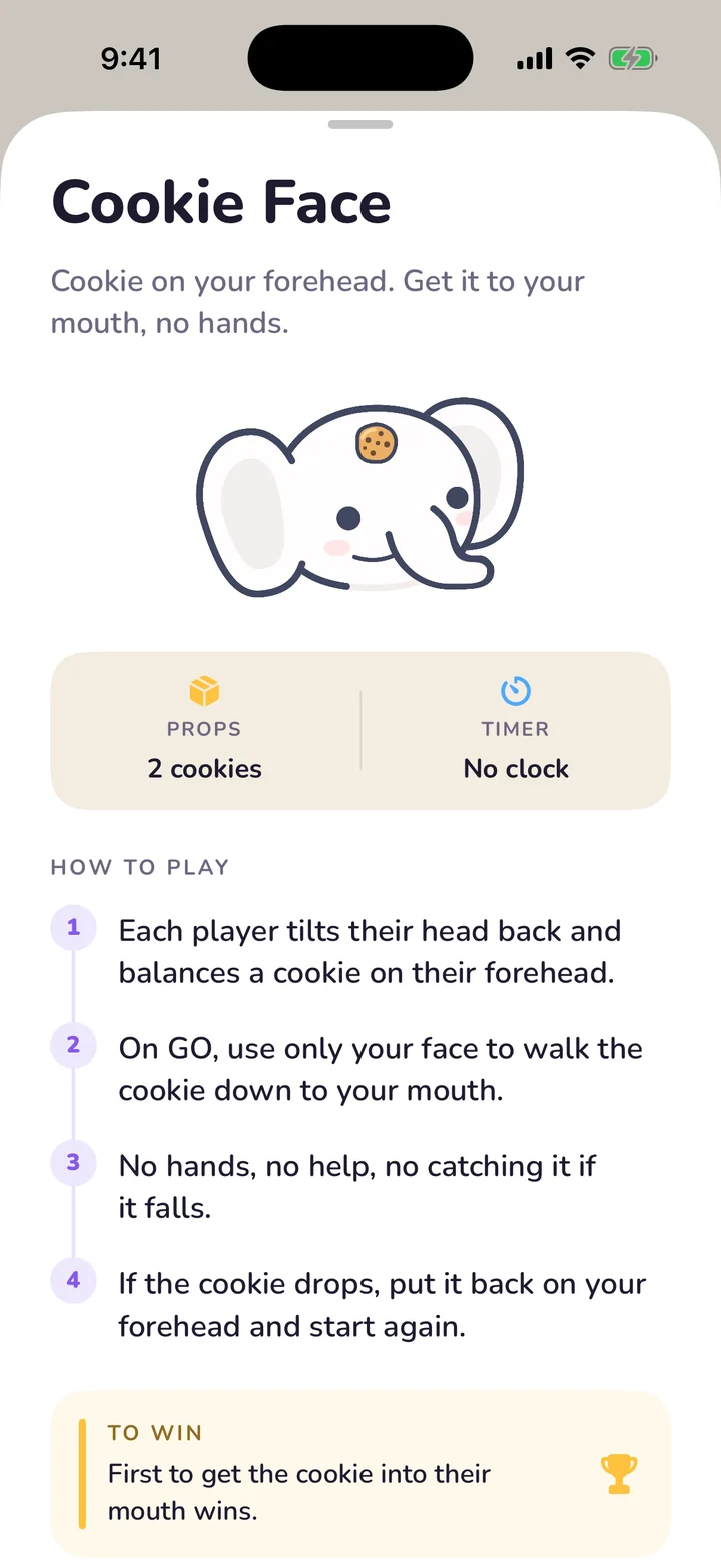 Cookie Face game card with an animated elephant, props, timer and how to play steps